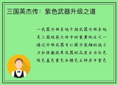 三国英杰传：紫色武器升级之道